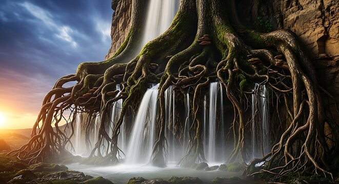 Ancient tree roots with waterfall at sunset