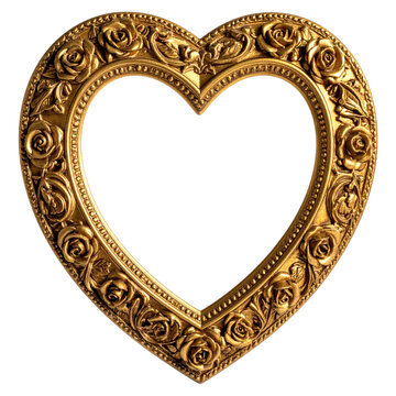 Golden heart shaped picture frame with ornate floral carvings for romantic wedding photos and home decor 3d render png transparent