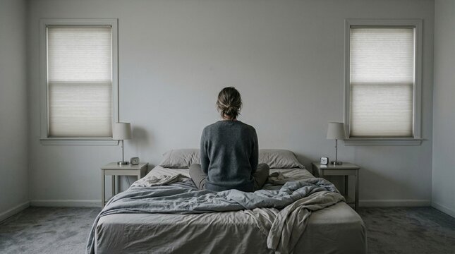 Rear View of a Person Sitting on an Unmade Bed Facing a Blank Wall