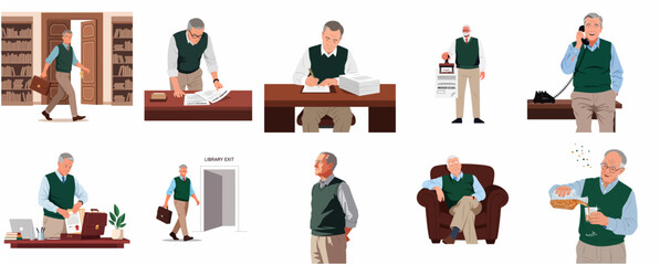 Senior Businessman Engaged in Various Office Activities and Leisure Moments Collection © Nadana