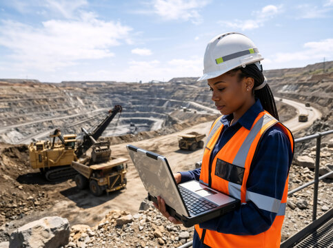 Black female mining engineer using a rugged laptop at an open pit mine. Industrial worker in safety gear inspecting quarry operations. Heavy machinery and excavators in background