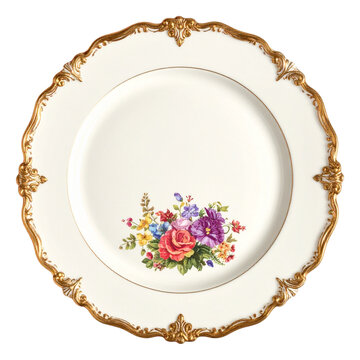Antique ceramic dinner plate with colorful floral pattern and gold filigree edge for vintage kitchenware collection and traditional dining table design