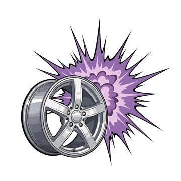 Chrome Car Wheel with Dynamic Purple Burst Background Graphic