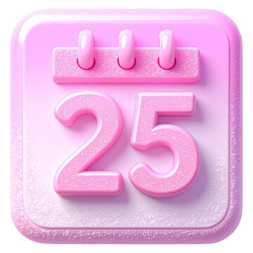 Pink 3D calendar icon showing date 25 with glass texture for mobile application schedule and holiday event planning or organizer software design
