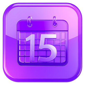 Purple 3D calendar icon with date 15 for mobile application schedule and monthly event planning or organizer software interface design for technology