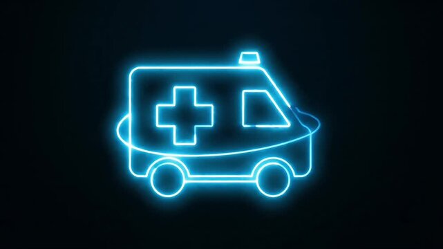 Neon Ambulance Icon Animation on Dark Background, Medical Emergency Vehicle Outline Glowing in Blue Light, Healthcare and First Aid Concept.