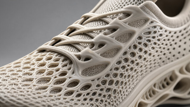 Detail of integrated 3D printed eyelets and laces on polymer sneaker upper