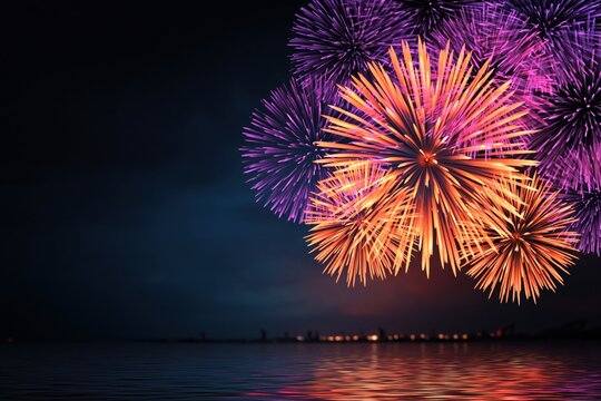 Colorful fireworks exploding over water reflecting night celebration