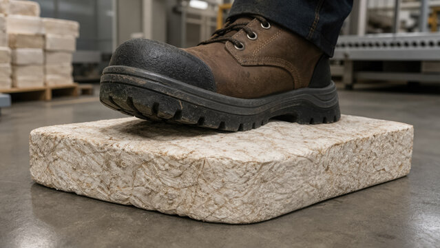 Durability test of thick mycelium slab with professional boot, strong material