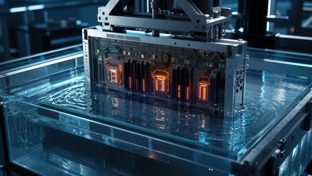 Action shot of server blade being lowered into transparent immersion tank with dielectric fluid for advanced cooling