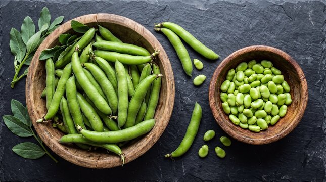 Freshly Harvested Broad Beans in Wooden Bowls on Dark Surface.