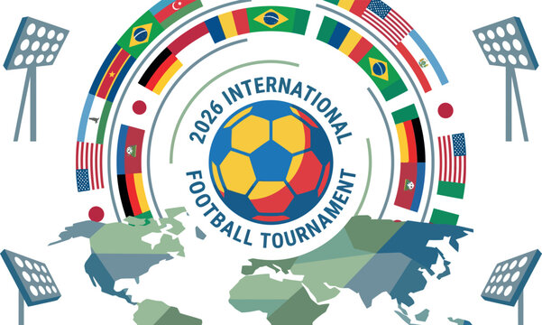 2026 international football tournament illustration with world map and flags  soccer competition