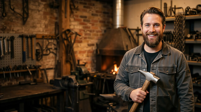 Portrait of a smiling bearded blacksmith holding a hammer in his workshop. Skilled artisan in a traditional metalworking shop with a glowing forge