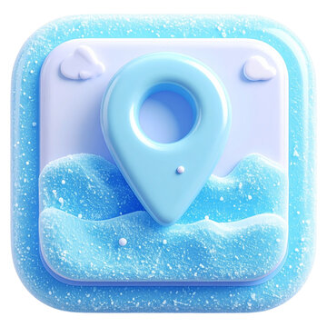 Blue 3d map pin location icon set on a textured sea wave base representing travel destinations and coastal navigation for mobile applications