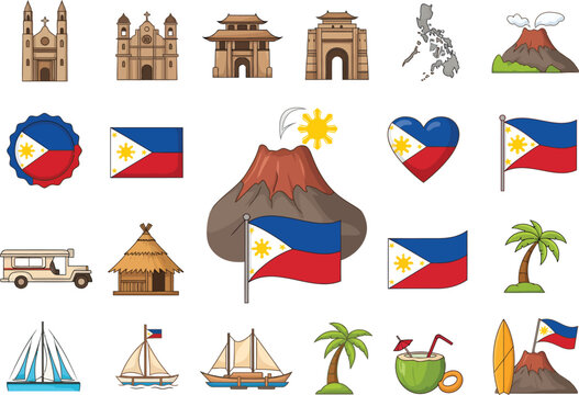 Compilation of philippine symbols featuring landmarks flag travel elements palm tree white background philippines landmarks architecture transportation geography attractions destination