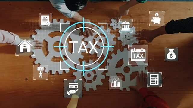 Analytical Collaboration on Tax Concept with Gears and Icons Illustrating Financial Services, Taxation Processes, and Economic Management Strategies Gluon.