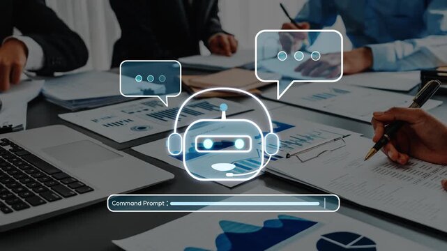 Business professionals engage in a collaborative setting focused on data analysis and AI discussions. An abstract chatbot illustration enhances the modern atmosphere. Raster