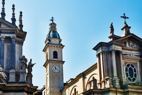 The Baroque-style architecture of the twin churches built in the 17th century in Piazza San Carlo in Turin, Italy.
