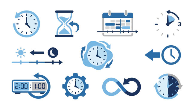 Collection of various time-related icons including clocks, hourglass, calendar, and stopwatch, symbolizing time management and scheduling.