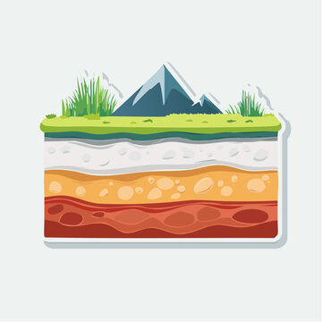 Cross-section of Earth's layers with mountain and grass