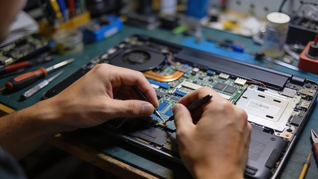 First person view of hands repairing a laptop with small tools, showing technology maintenance, troubleshooting, and technical service work.