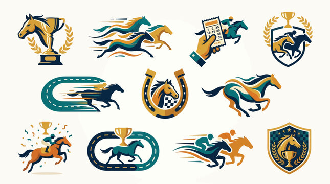 Collection of dynamic horse racing icons and emblems featuring horses, jockeys, trophies, and racing elements.