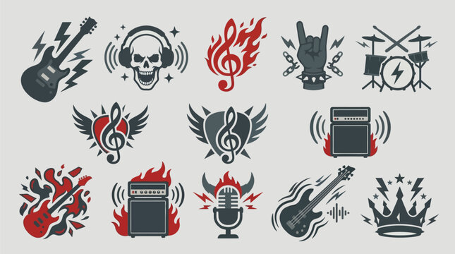 Collection of rock and roll music icons featuring electric guitars, amplifiers, drums, microphones, skulls, flames, and rock hand gestures.