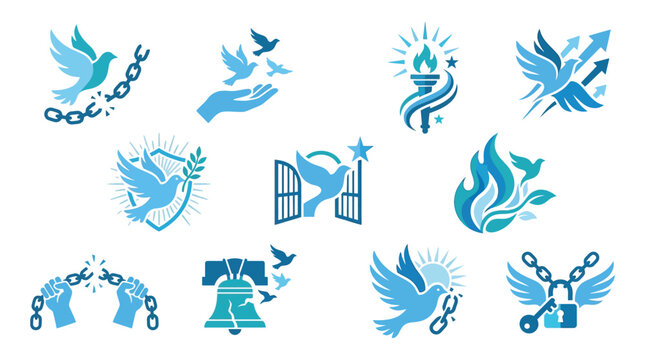 Collection of stylized blue dove icons symbolizing freedom, peace, and hope with various elements like chains, hands, flames, and gates.