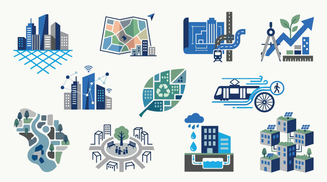 Collection of illustrations depicting smart city concepts, urban planning, sustainable development, and modern infrastructure.