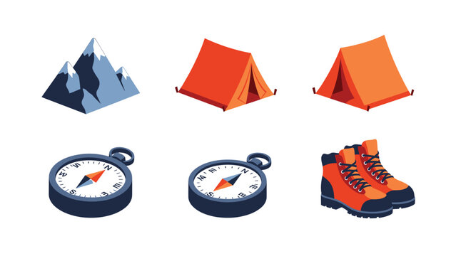 Outdoor Adventure Isometric Icons Set: Mountains, Tents, Compasses, and Hiking Boots