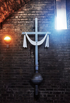 Cross and veil located inside the bell tower of the Cathedral of St. John the Baptist (Duomo di Torino) built in 1470 in Turin, Italy, Europe