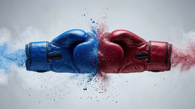 Intense boxing match moment featuring red and blue boxing gloves colliding against a smoky background.