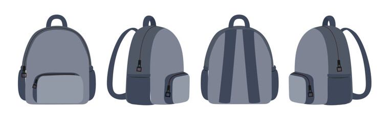 Fototapeta premium Grey Backpack Set from Different Angles Isolated on White Background Vector Illustration