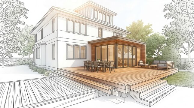 Detailed design elements of a residential house deck addition and patio furniture.