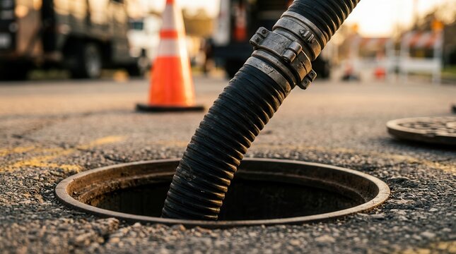 Drain cleaning professional uses a flexible camera hose to inspect a street sewer manhole.