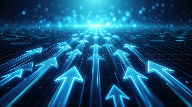 Organizational shift symbolized by glowing blue arrows and a digital grid for transformation.