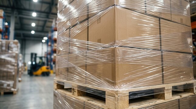 Securely packaged shipment of goods on a wooden pallet with protective stretch wrap.