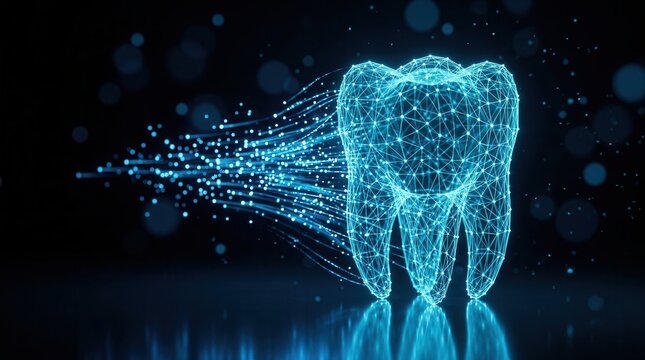 A digital wireframe tooth representing surgical precision and dental implant planning technology.