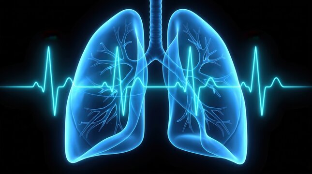 Human lungs and electrocardiogram EKG trace representing cardiopulmonary interaction and health.