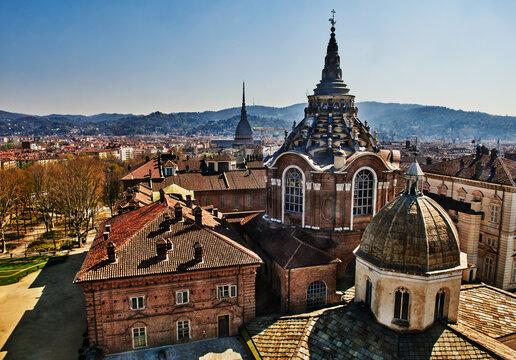 The rooftops and skyline of Turin, Italy, featuring the distinctive dome of the Chapel of the Holy Shroud, Northern Italy, Europe