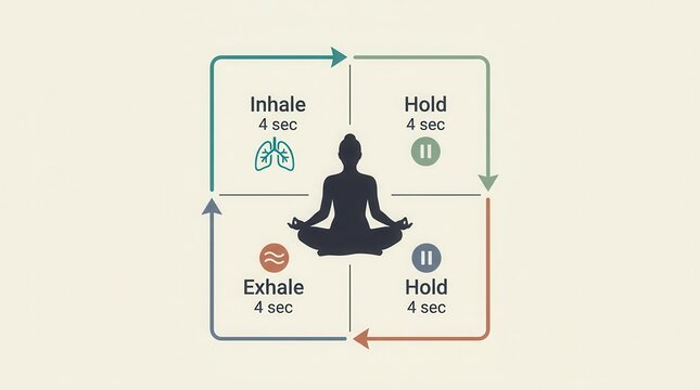 Infographic illustration of the box breathing meditation method with four stages.