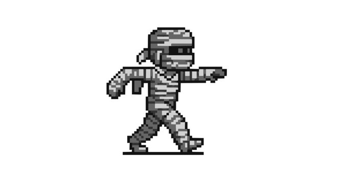 Pixel art mummy walking side view retro 8 bit game sprite character isolated on white background vector