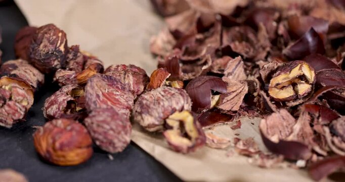 chestnut nuts and their shells, a large number of old chestnut nuts and hard shells that remain after peeling the nuts for cooking and roasting, nut - food