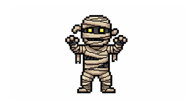 Retro pixel art mummy character in 16 bit style classic game sprite isolated on white background vector illustration