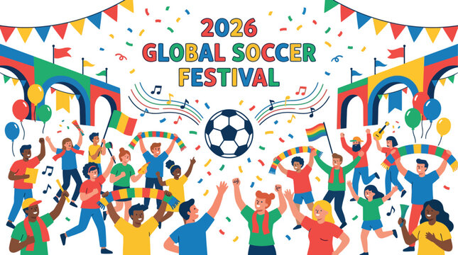 Global Soccer Festival colorful illustration with people celebrating and soccer ball flying high