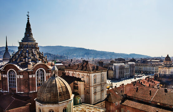 The rooftops and skyline of Turin, Italy, featuring the distinctive dome of the Chapel of the Holy Shroud, Northern Italy, Europe