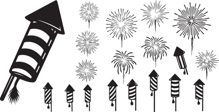 Firework rockets and explosion burst silhouette set