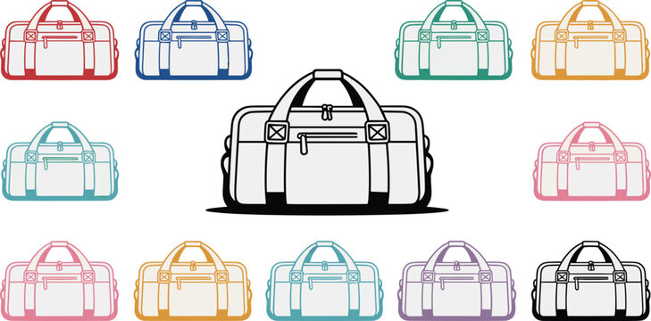 Flat vector duffel bag illustration set, fashion accessory color variations sketch