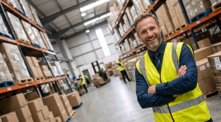 Fototapeta premium Smiling male warehouse manager in a high visibility vest with crossed arms. Confident logistics supervisor standing in a large distribution center with cardboard boxes on shelves