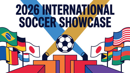 International soccer showcase with flags and soccer ball on colorful blocks © Khatunay JANNATARA
